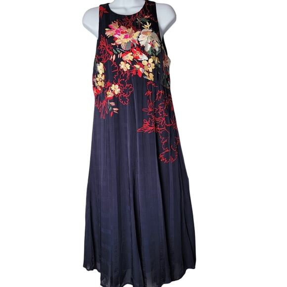 Anthropologie Navy Floral Embroidered Maxi Dress Sleeveless Boho US 8 - Picture 1 of 11